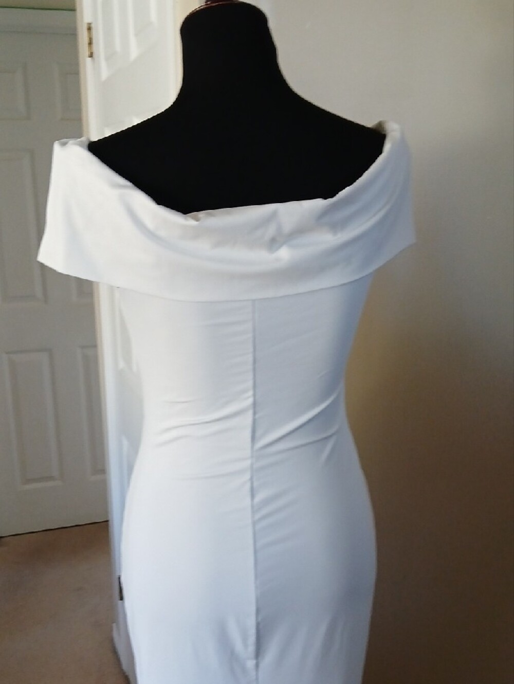 Off-Shoulder White Ruched Maxi Dress - Picture 8 of 13